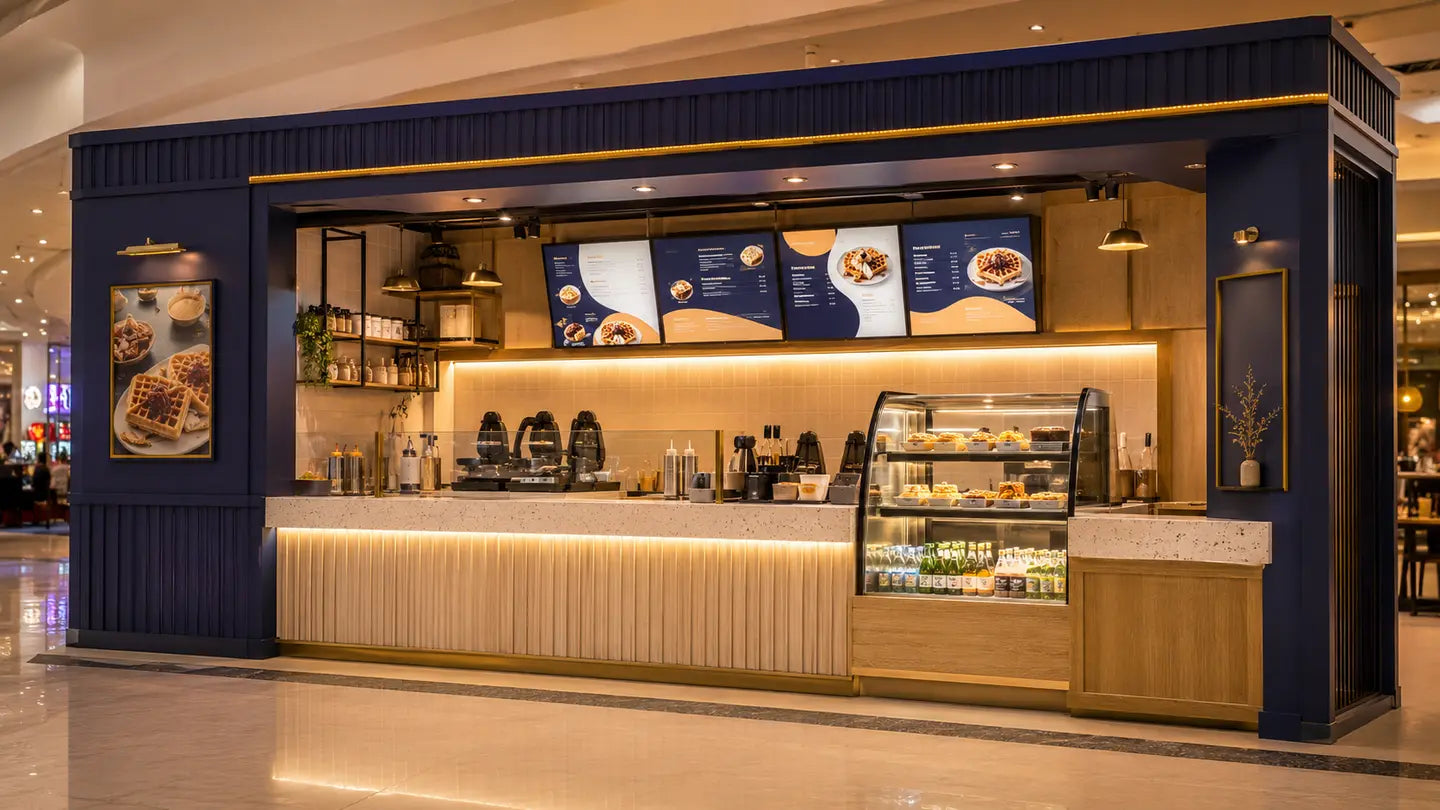 AI-generated modern premium waffle kiosk concept in a shopping mall