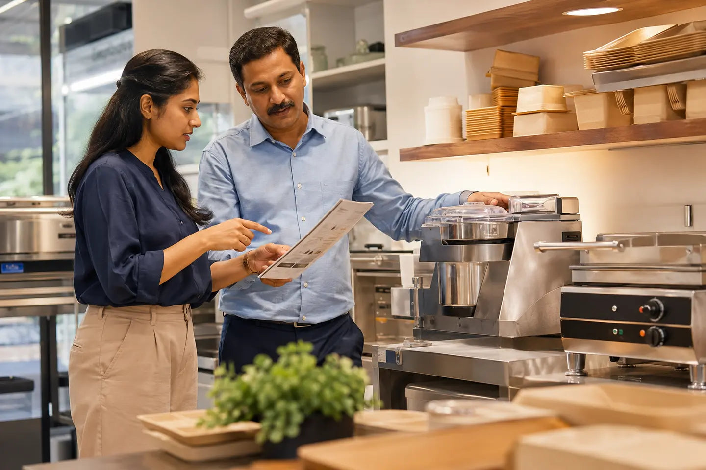 Indian food-business founder comparing commercial kitchen equipment with a vendor