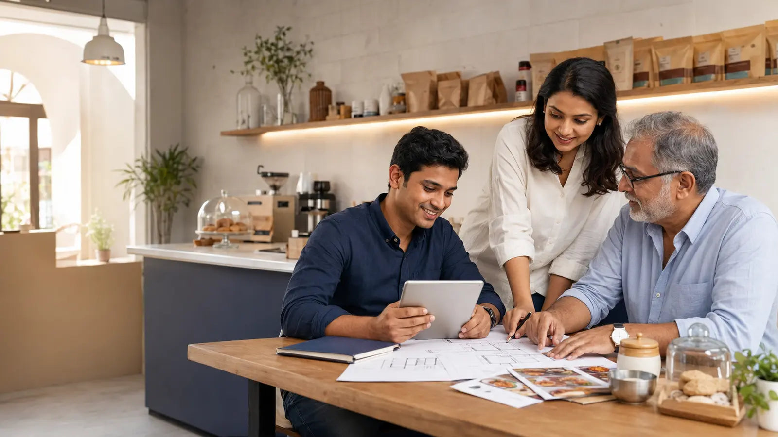 A multigenerational Indian founder team planning a food business together