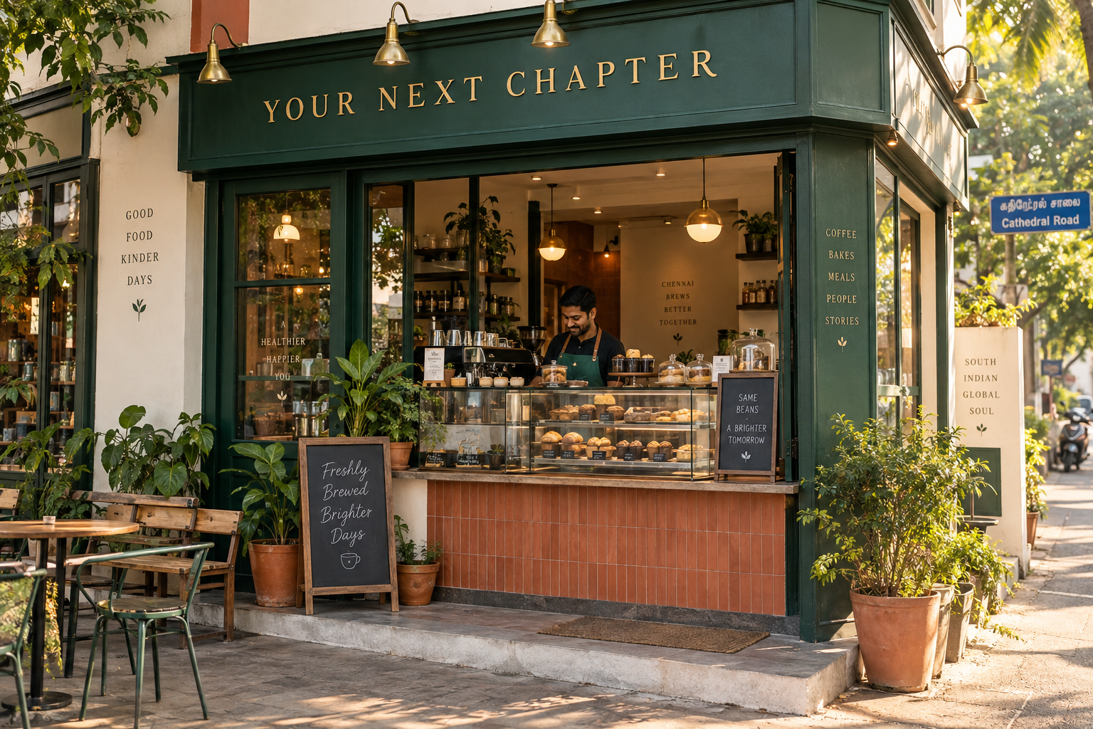 Illustrative concept of a welcoming green-fronted Indian café