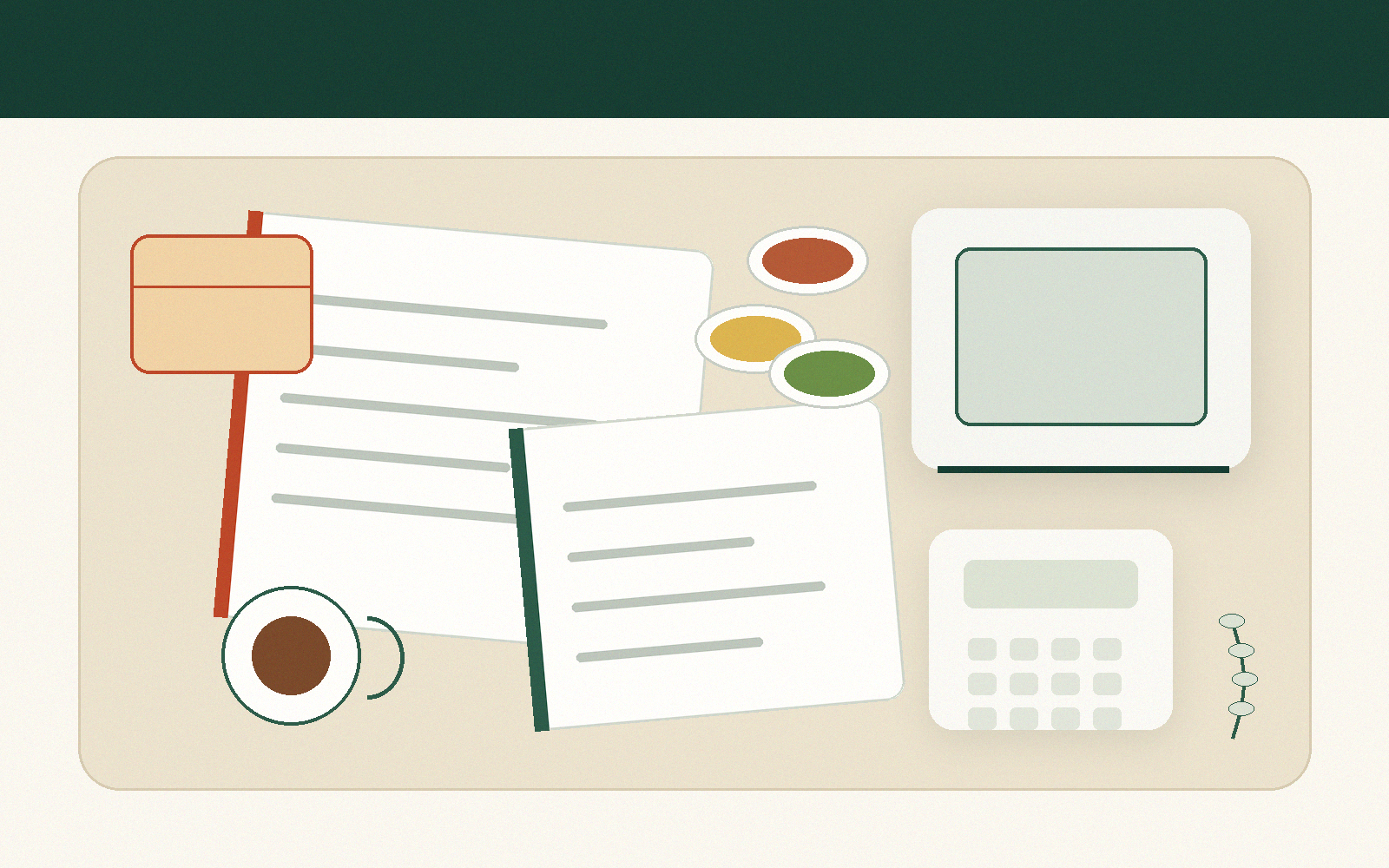 Illustration of a food business planning desk with notes, calculator and laptop