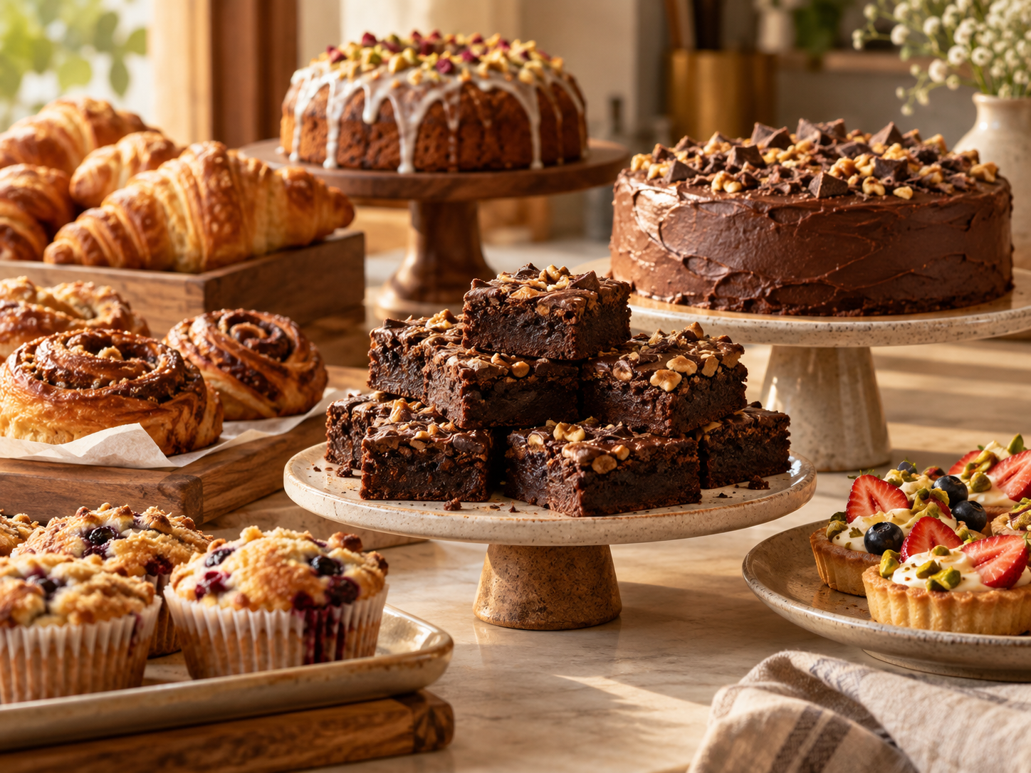 Neighbourhood bakery display with brownies and pastries