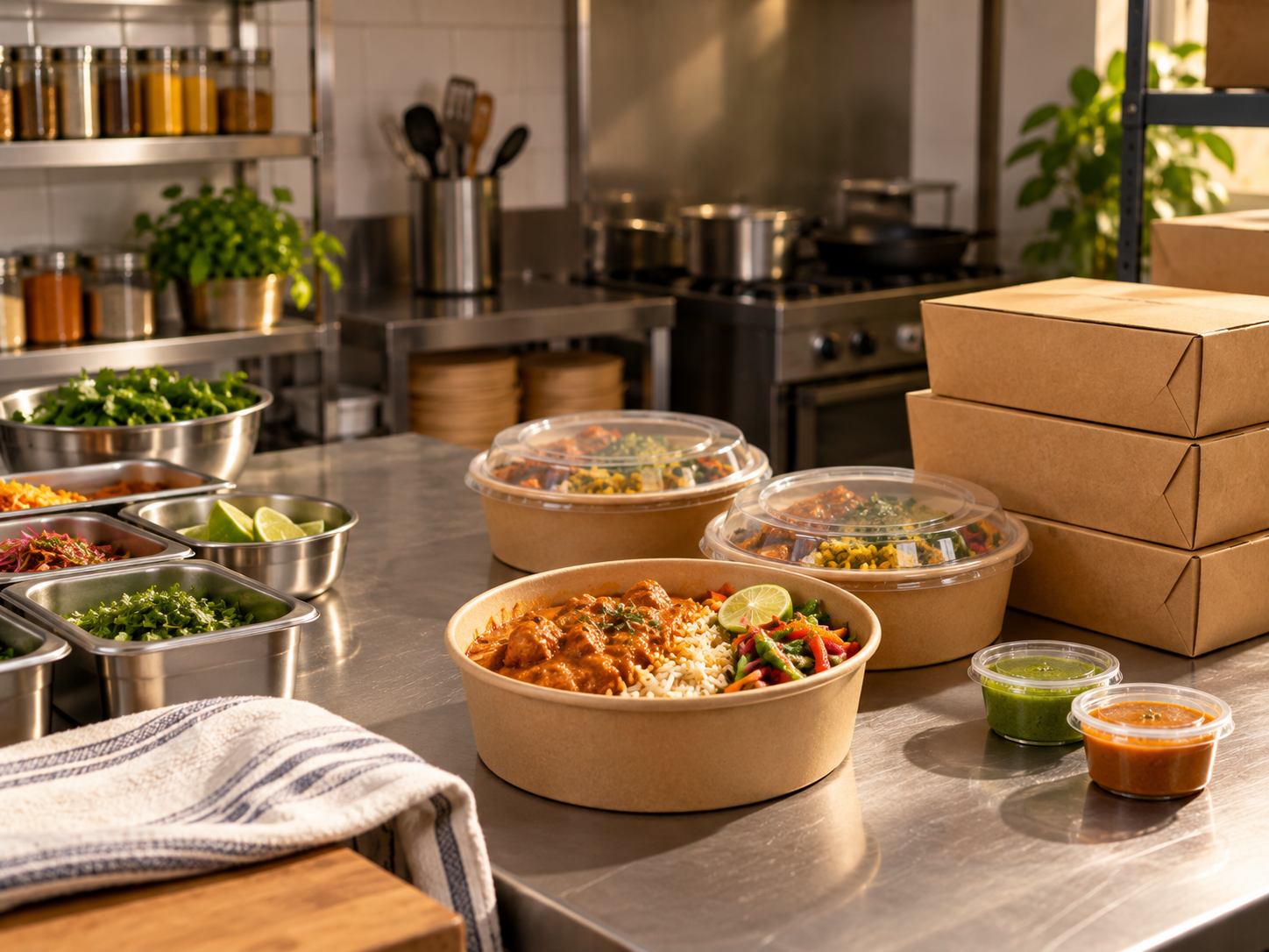 Cloud kitchen meal preparation and takeaway packaging