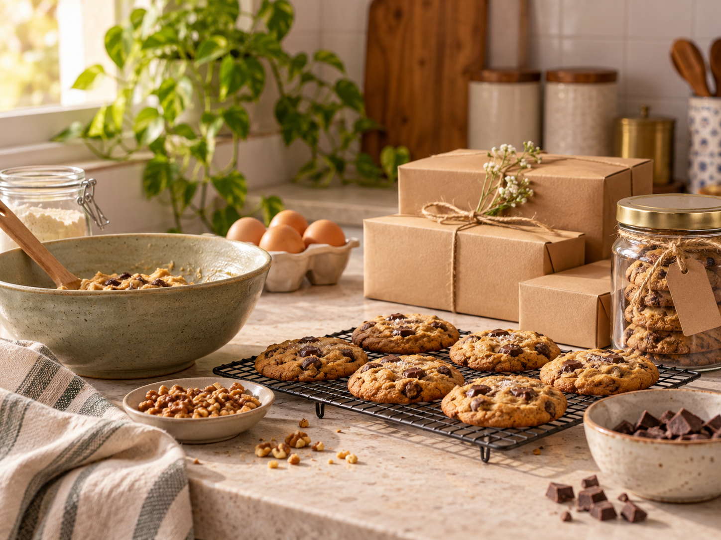 Home baking setup with cookies and packaging boxes