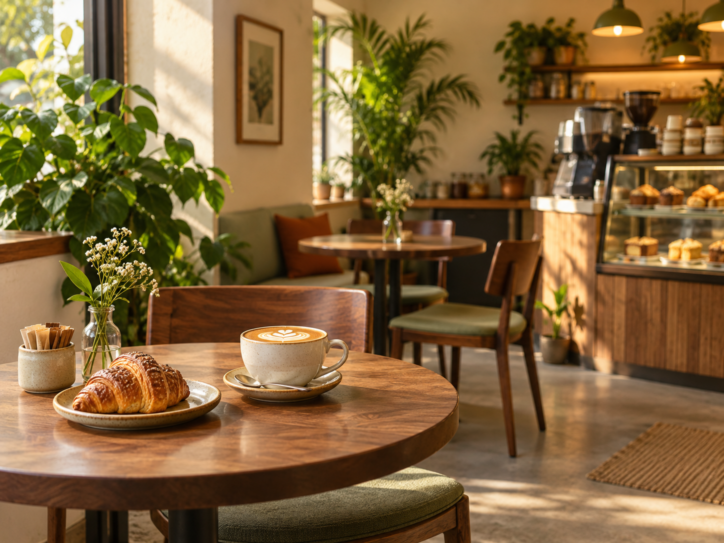 Warm neighbourhood cafe interior with coffee and pastry