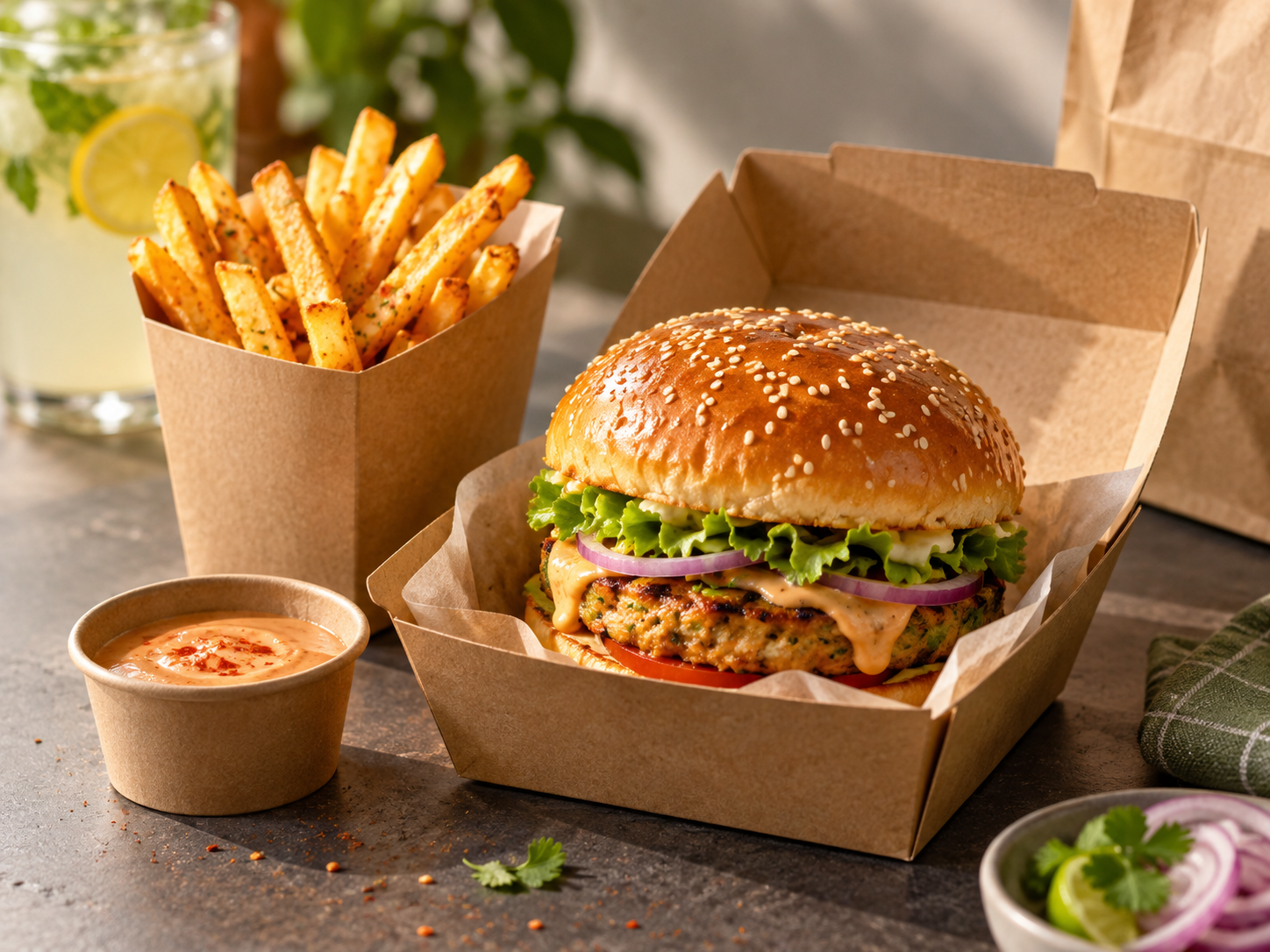 Quick service takeaway burger, fries and dip