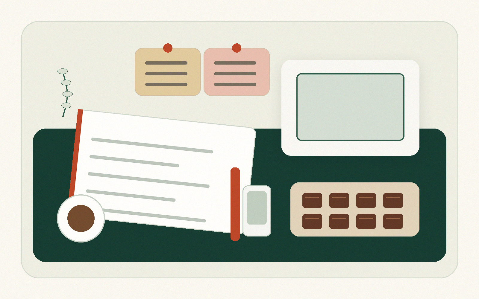 Illustration of an operator's workbench with business notes and product samples